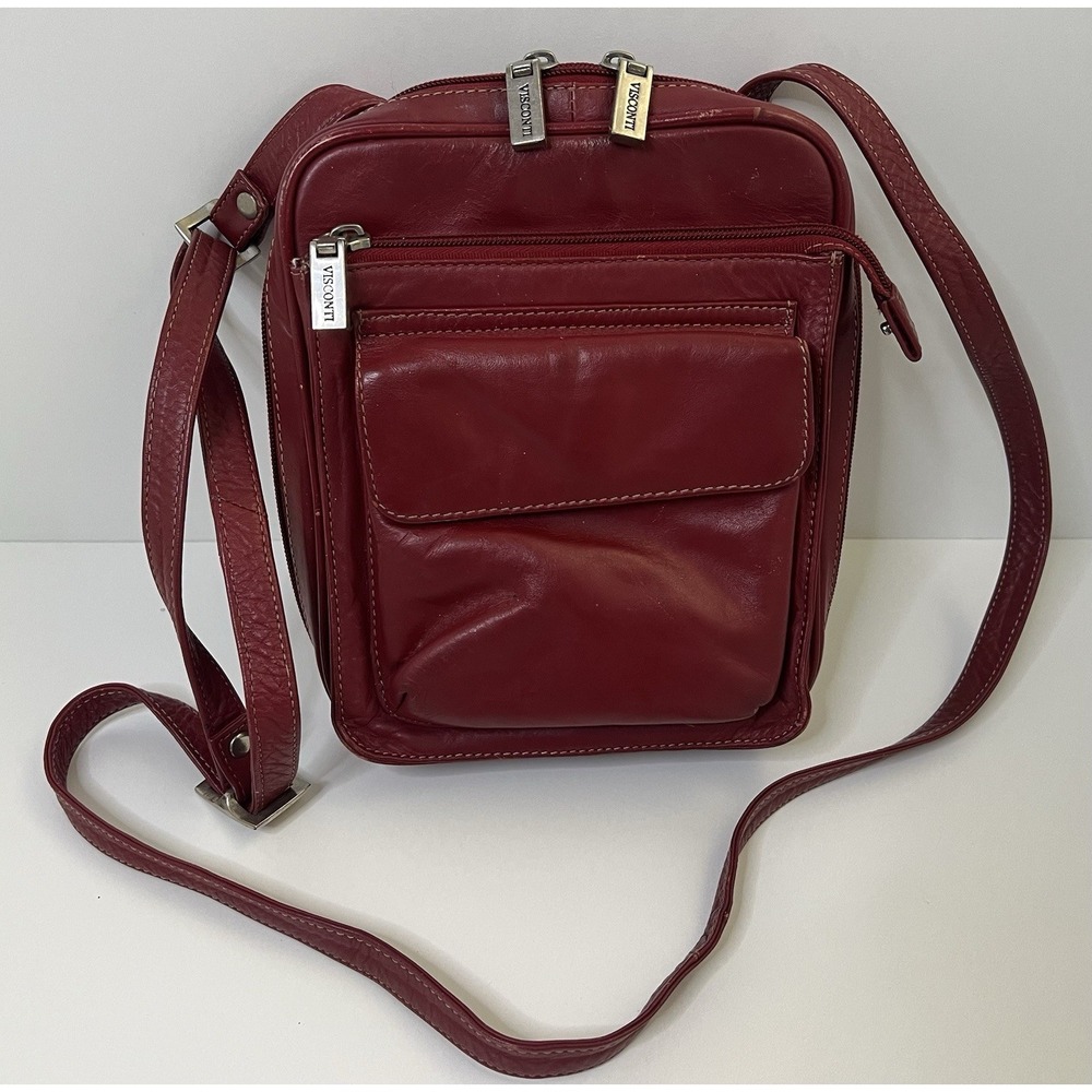 Visconti Red Leather Crossbody Bag Front Pocket Zipper Shoulder Purse Makeup Bag